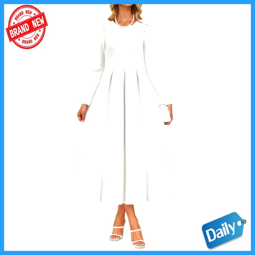 Elegant Long Sleeve Midi Dress Crewneck Swing A-Line Wedding Guest Party Wear